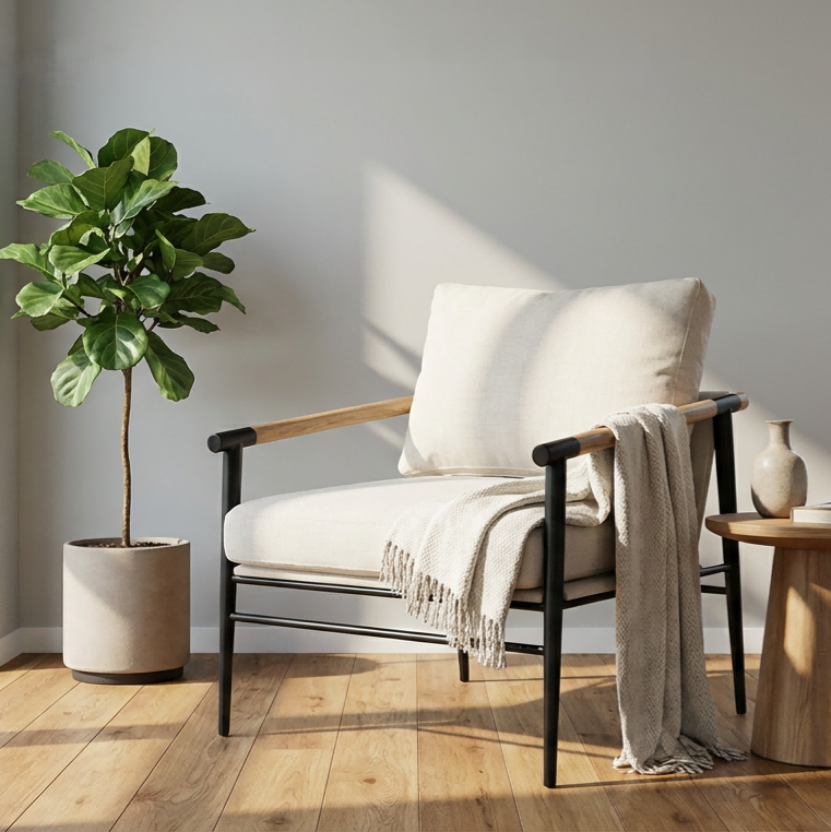 Custom Metal Frame Lounge Chair With Wooden Armrests Upholstered Accent Chair OEM ODM Available suppliers